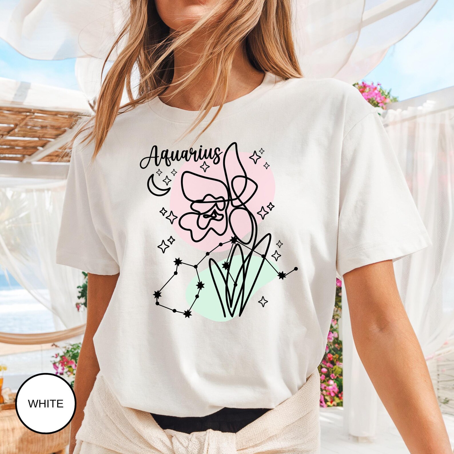 Aquarius Zodiac Floral Constellation Graphic T-Shirt