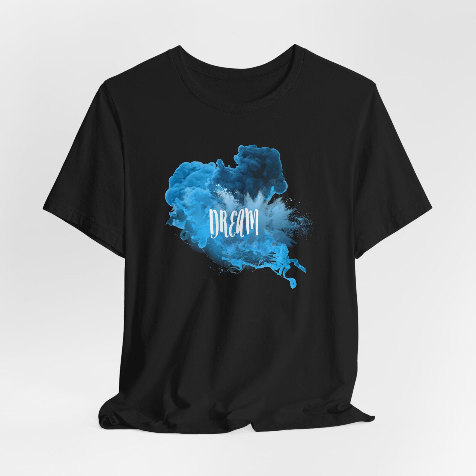 Black Crew Neck T-Shirt with Blue Smoke "Dream" Graphic