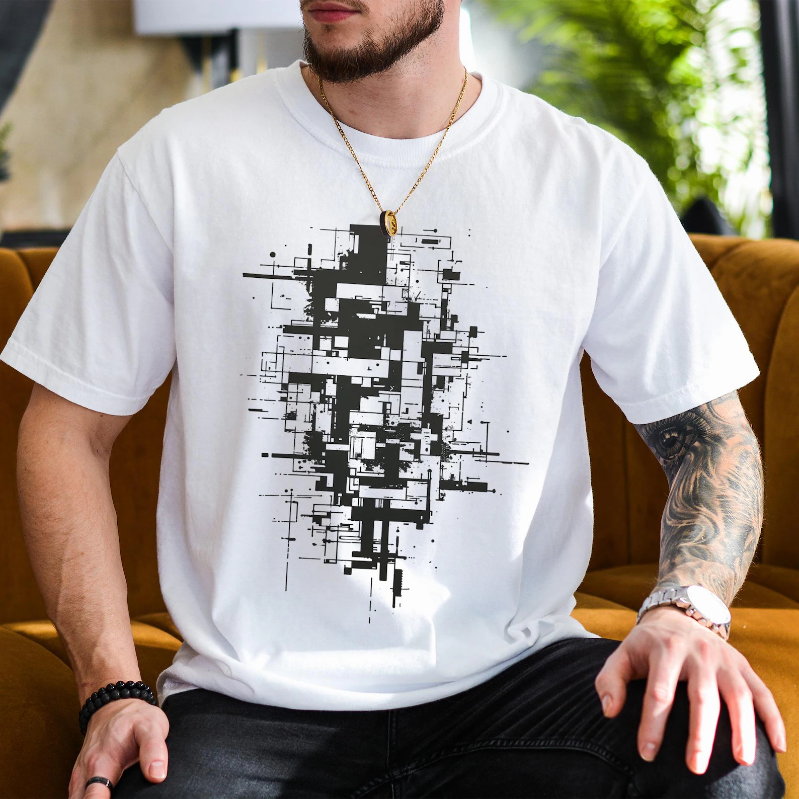 Men's White Crew Neck Short Sleeve Tee with Abstract Geometric Print