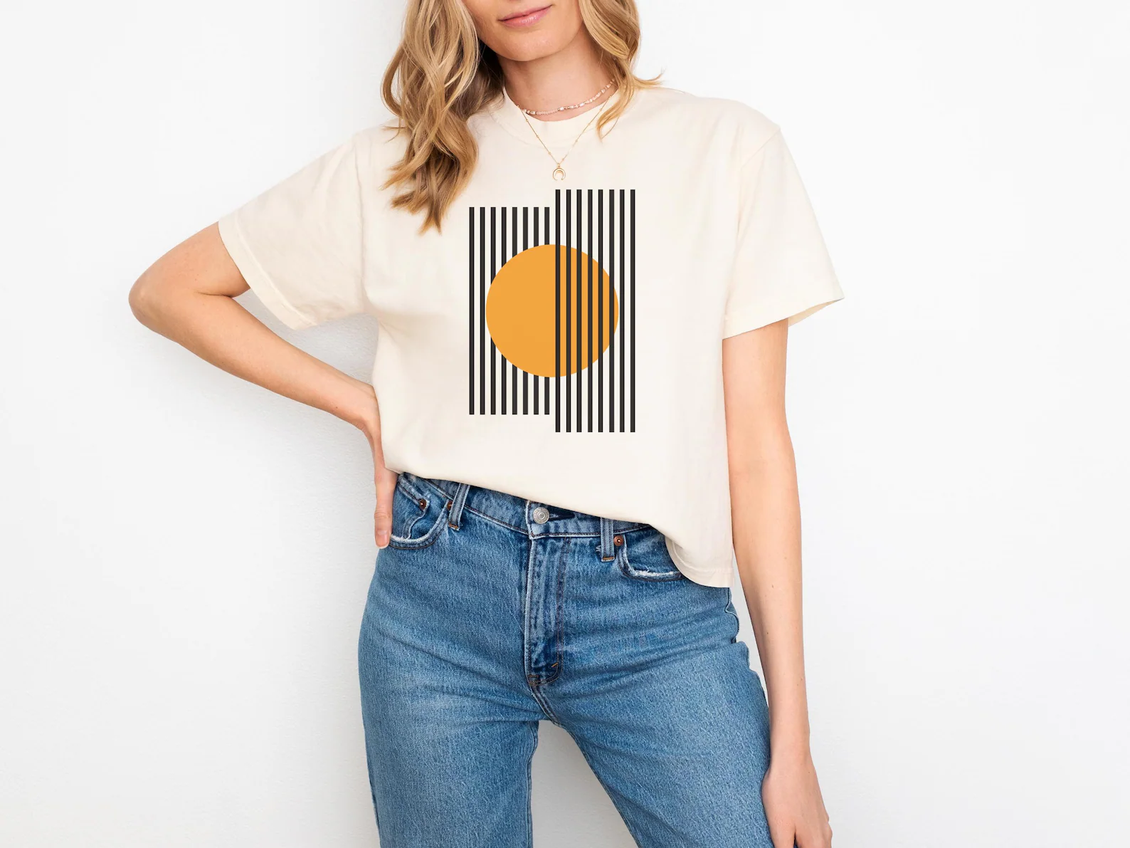 Women's Crew Neck Graphic T-Shirt, Geometric Abstract Print, Natural